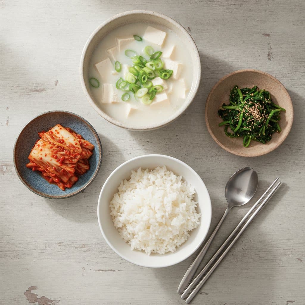 Koreansk vardagsmåltid med ris och kimchi