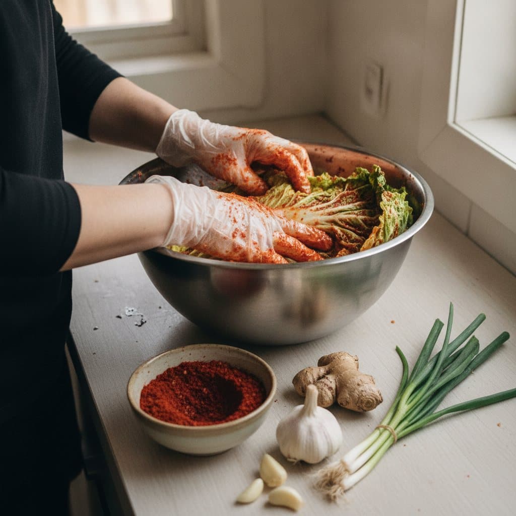 Händer i handskar blandar chilipasta i saltad kinakål